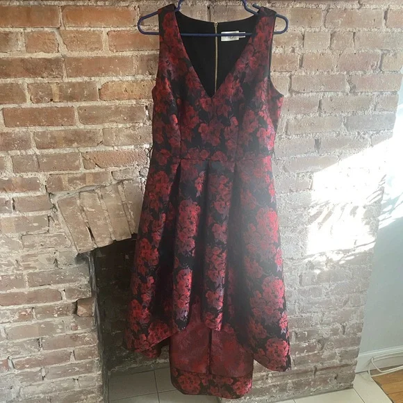 strapless open back dress Red Print Wedding Guest Dress: R&M Richards 4299 Black/Red / 6